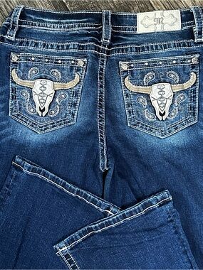 Miss Me Dark Blue Embroidered Skull Pocket Jeans